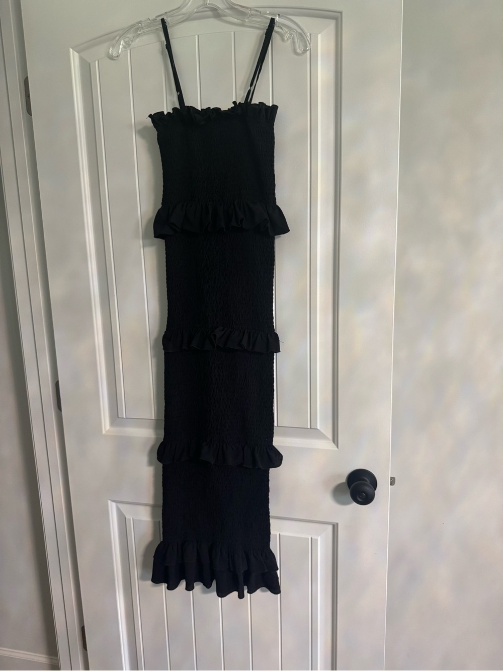 Smocked Ruffle-Tiered Midi Dress in Black - Picture 4 of 7